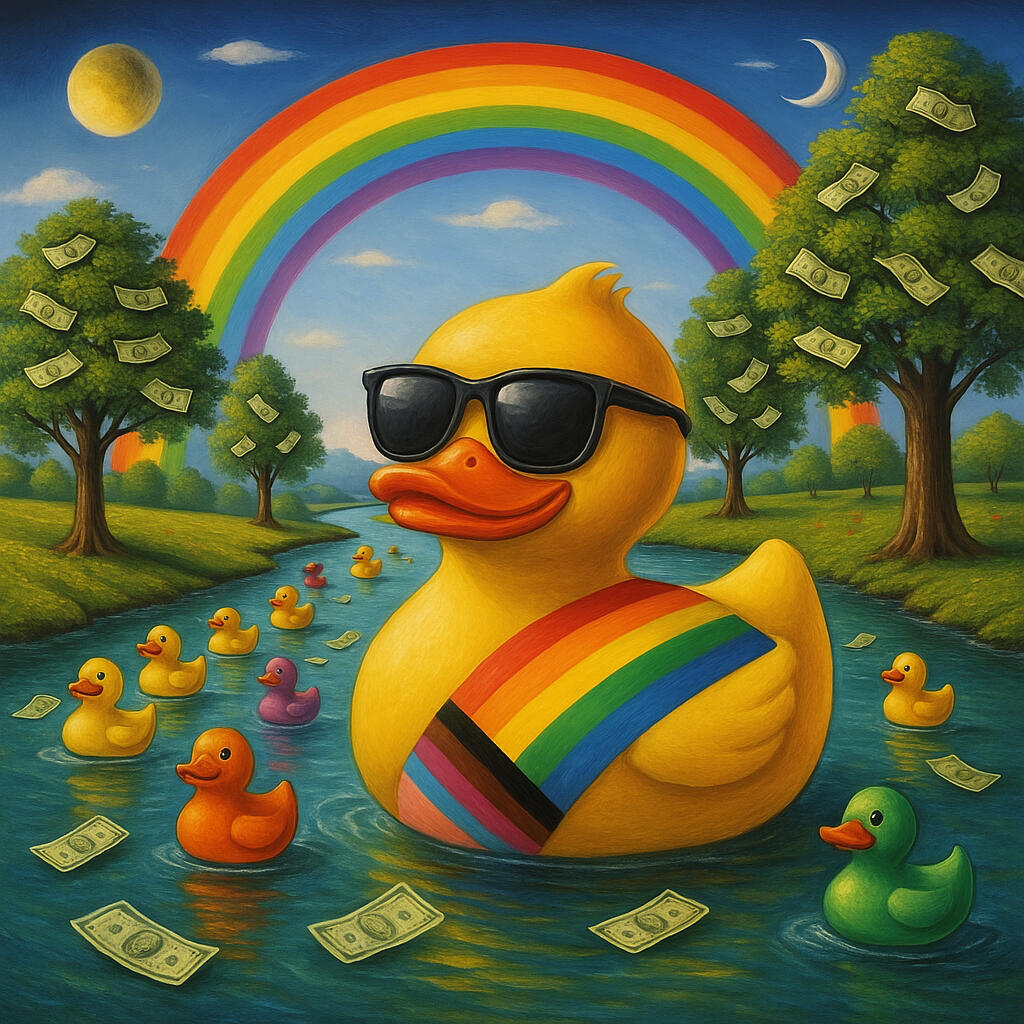 EPAed the Inner Critic – Solopreneur Psyche Nirvana - Journey 7 of the Inner Critic Hack Lab A surreal digital painting of a cheerful solopreneur sporting inclusivity sash, living happy under a rainbow sky. Abundance and emotional balance, representing Solopreneur Psyche Nirvana