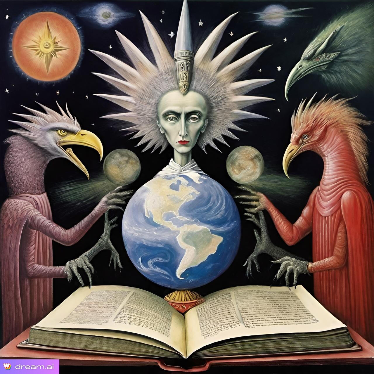 Self-Perception Critic Audit by Balancing Emotion and Evidence – Journey 6 of the Inner Critic Hack Lab A surreal painting of a gender-fluid figure illuminated at the center, holding the Earth within a glowing sphere while surrounded by mythic bird allies and an open book, symbolizing emotional balance, truth calibration, and perception analysis. The artwork