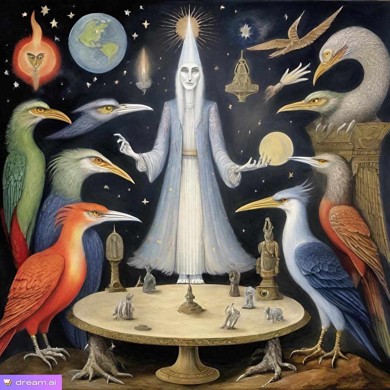 A surreal symbolic painting of a gender-fluid Champion with eagle traits standing between a Dante-style inferno and an idyllic world. The artwork embodies balance as self-integration—where all aspects of self, light and dark, merge into coherent inner harm
